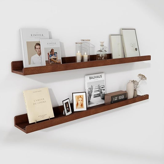 Floating Shelves for Wall 36 Inch | Picture Ledge Shelf Set of 2 | Solid Ash Wood Floating Shelves with Lip | Dark Wood Picture Shelf for Wall with Ledge | Photo Ledge Shelves-NeatNest