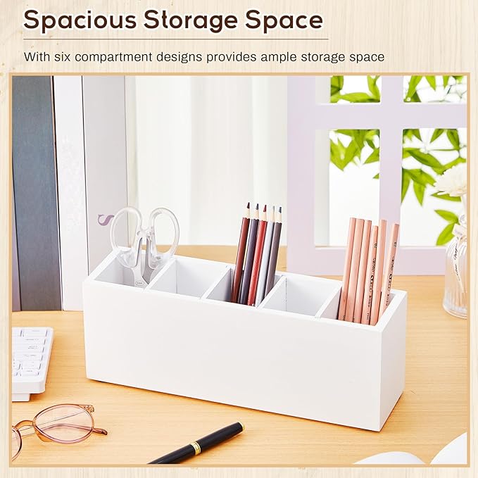 Jetec Wooden Pencil Holder 5 Compartments for Desk Adjustable Pen Holder Wood Office Desk Organizers and Accessories Makeup Brush Organizer for Pen, Home, Office and Art Supplies (White)-NeatNest