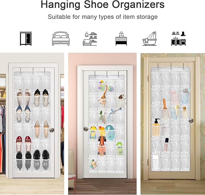 Over The Door Shoe Organizer - 2 Pack Shoe Rack for Door with 24 Pockets and Hooks, Shoe Holder Back of Door Organizers for Shoes, Hanging Shoe Organizer for Space Saving, White-NeatNest