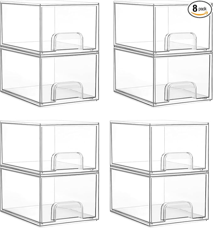 Vtopmart 8 Pack Clear Small Stackable Storage Drawers,Acrylic Bathroom Makeup Organizer,Plastic Storage Bins For Vanity, Undersink, Kitchen Cabinets, Pantry, Home Organization-NeatNest