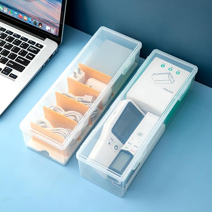 Small Deep Strips Container with Lid for Membership Card, Charger Cable Cord, Trading Card Organizer, Craft Supply, Office Supplies, Battery Storage(Clear+Yellow-2pack)-NeatNest