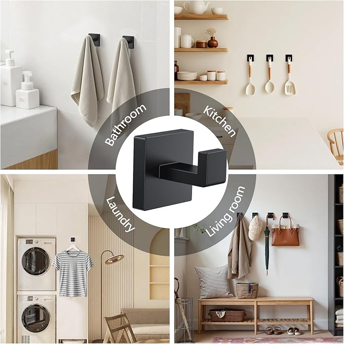 Kruodop 4 PCS Towel Hooks for Bathroom, Wall Mount Towel Holder, Black Matte Wall Robe Hook,Square Stainless Steel Door Hanger Towel Hook for Kitchen, Bedroom,Hotel,Pool,Coats