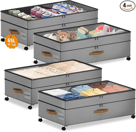 4 Pack Under Bed Storage with Wheels, Adjustable Height Storage Containers, 10 inches Large Capacity Rolling Underbed with Lids, Storage Drawers Shoes, Clothes, Blankets, Grey-NeatNest