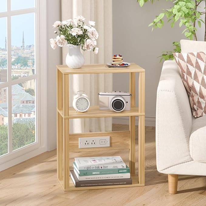 3 Tier Small Narrow Bamboo Side Table Set of 2 with Charging Station - Skinny Nightstand for Small Spaces, Slim Bedside Table with USB Ports and Outlets - Thin End Table with Storage, Natural