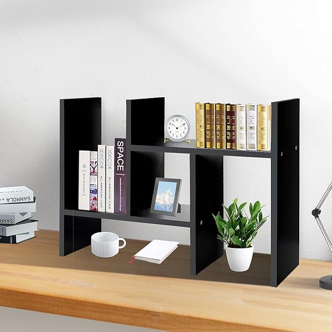 J.M.Deco Desktop Organizers and Storage for Office, Adjustable Desktop Organizer Shelf Double H Display, True Natural Stand Shelf, Black-NeatNest