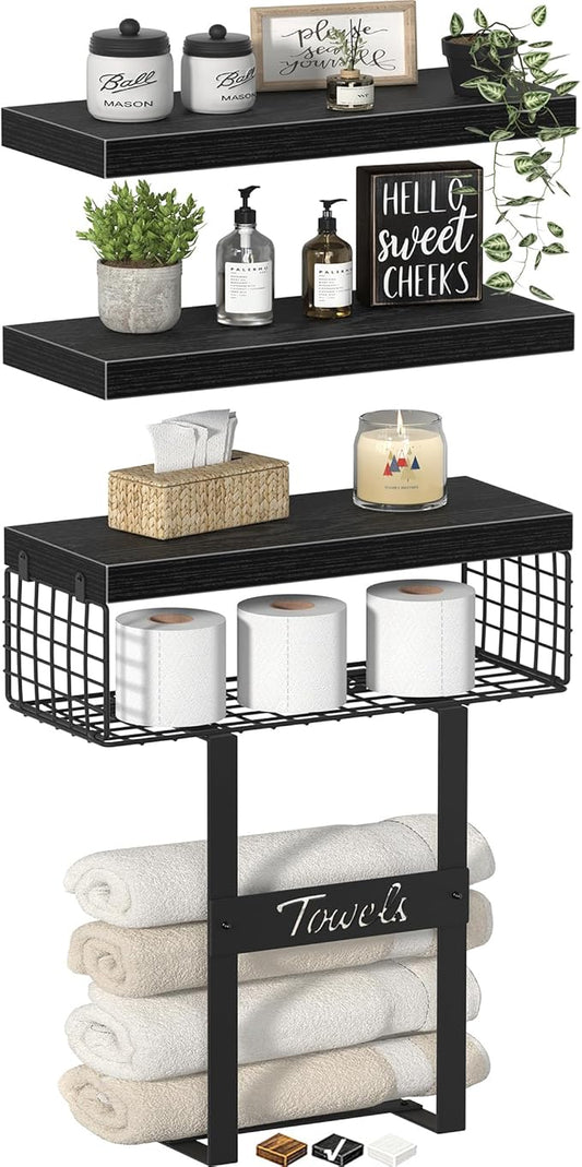 Bathroom Shelves Over Toilet - Floating Shelf for Wall Above Toilet Towels Holder Small Farmhouse Decor Shelves (15.7 inch, Set of 3, Black)-NeatNest
