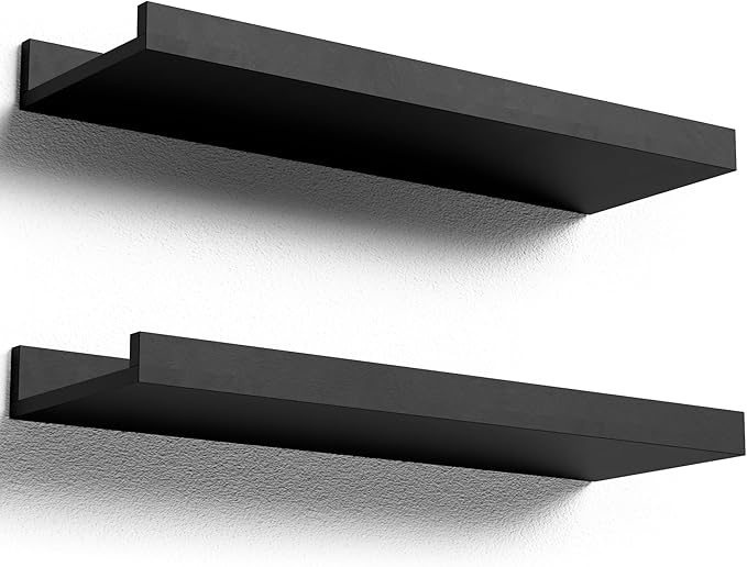 Floating Shelves Wall Mounted Set of 2, Modern Black Wall Shelves for Storage with Lip, Display Picture Ledge Shelf for Wall Decor Bedroom Living Room Bathroom Kitchen-NeatNest