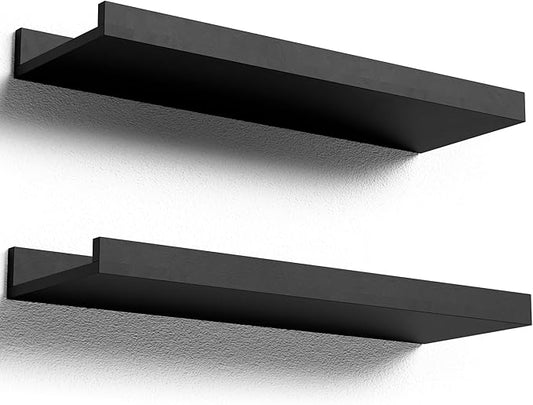Floating Shelves Wall Mounted Set of 2, Modern Black Wall Shelves for Storage with Lip, Display Picture Ledge Shelf for Wall Decor Bedroom Living Room Bathroom Kitchen-NeatNest