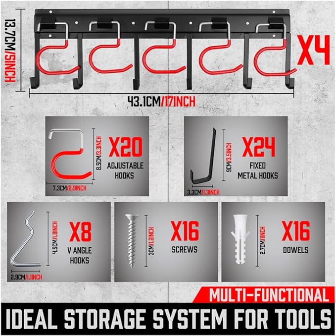 68" All Metal Garden Tool Organizer - Sturdy Garage Wall & Shed Organization System - Hooks for Shovel, Broom, Rake & More