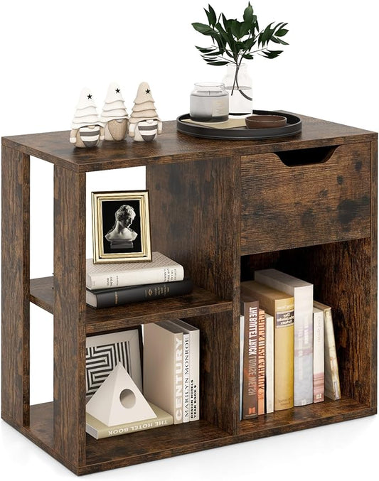 Giantex 3 Cube Bookcase with Drawer, 2 Tier Bookshelf for Small Space, Modern Freestanding Display Rack with Open Shelves, Book Case, Wood Cube Storage Organizer Bedroom Living Room, Rustic Brown