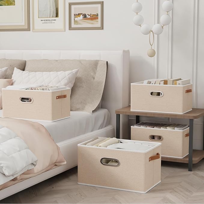 Yawinhe Collapsible Storage Box, Cube Storage Basket, Fabric Foldable Storage Bins Organizer Containers with Dual Leather Handles for Home Bedroom Closet Office,15.0 x 9.8 x 8.3 Inch, (Beige, 4-Pack)-NeatNest