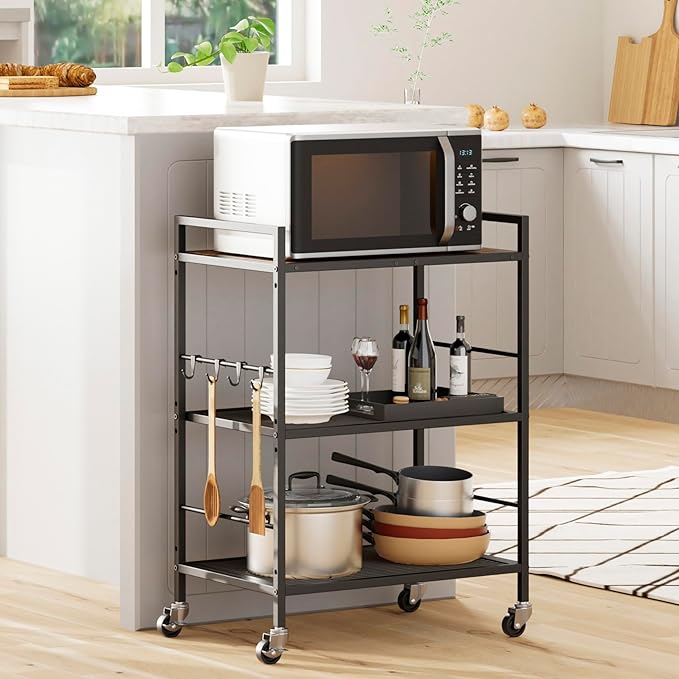 3-Tier Metal Storage Rack with Industrial Wheels,Mesh Shelving Unit with Wooden Table top,Adjustable Shelf,23.6-Inch Width,15.8-Inch Depth, for Kitchen, Laundry,Pantry,Plant,Black