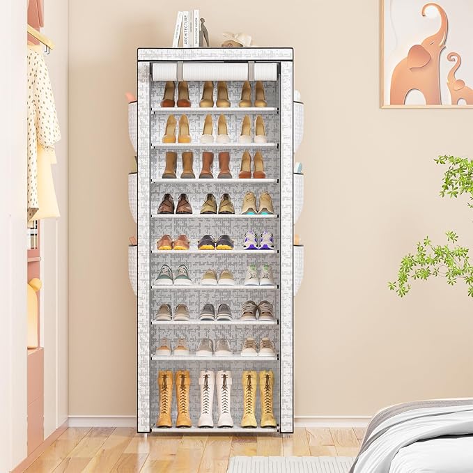 Shoes Rack 10 Tier Tall Shoe Rack with Storage Pockets, Fabric Covered Shoe Racks,Metal Shoes Rack Organizer for Closets,Bedroom, Garage-NeatNest