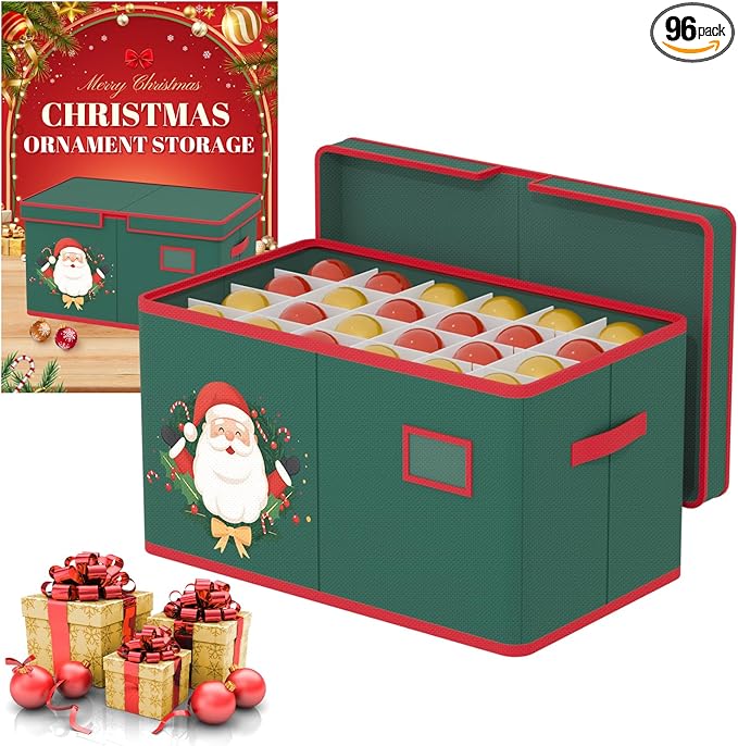 Christmas Ornaments Storage Box Christmas Ornament Organizer Storage with Adjustable Dividers Fit 96 of 3 Inch 600D Oxford Fabric Ornament Storage Container for Holiday Decorations-NeatNest