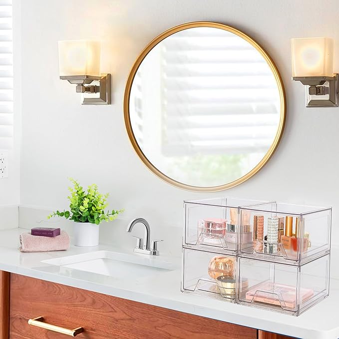 4 Pack Stackable Makeup Organizer,4.4'' Tall Acrylic Bathroom Organizer and Storage Drawers, Clear Plastic Drawer Storage Bins For Vanity, Undersink, Cabinets, Pantry-NeatNest