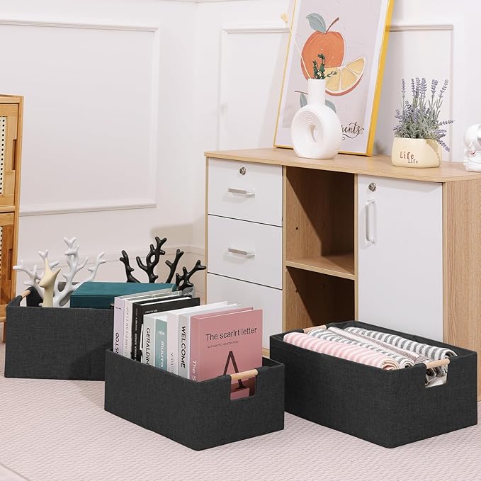 ANMINY 2PCS Storage Baskets for Organizing Collapsible Fabric Storage Bins Boxes with Wood Handles Closet Shelves Cube Organizer Bins Clothes Laundry Storage Container - Large, Black-NeatNest