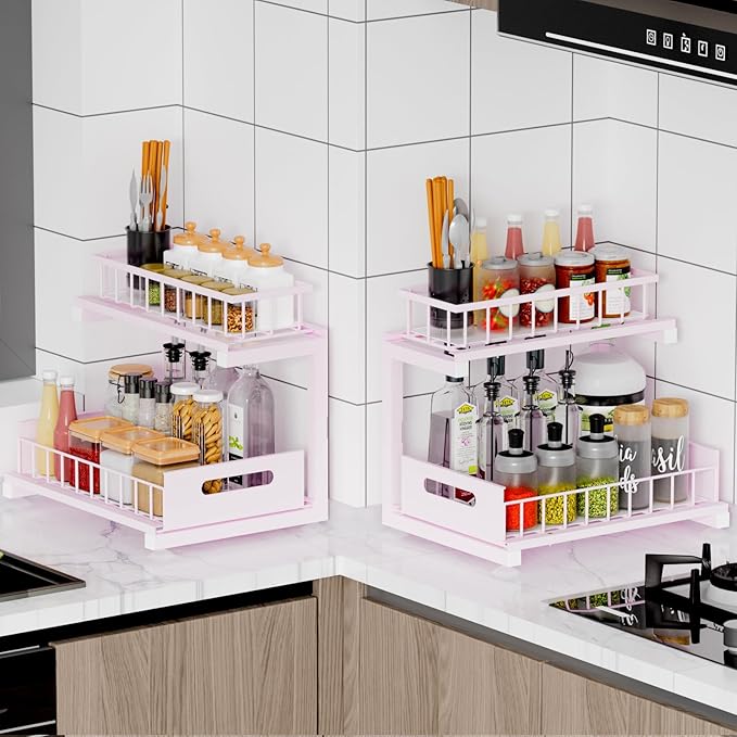 Under Sink Organizer Storage: Adjustable Height, 2 Tier L-Shaped Pull-Out Metal Shelf with Non-Slip Pads & Rust-Resistant Design Maximize Kitchen & Bathroom Cabinet Space-NeatNest