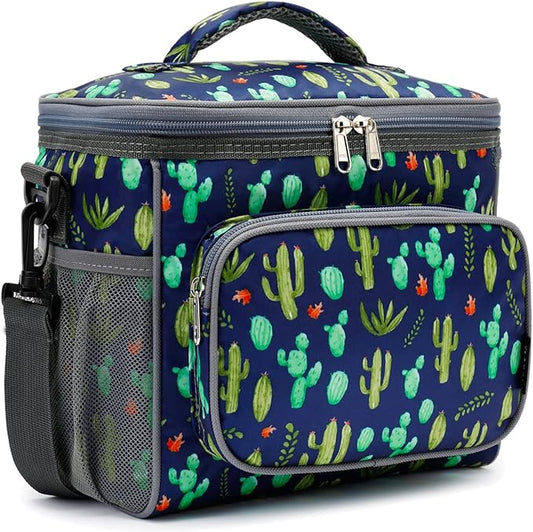 FlowFly Insulated Reusable Lunch Bag Adult Large Lunch Box for Women and Men with Adjustable Shoulder Strap,Front Zipper Pocket and Dual Large Mesh Side Pockets,Cactus-NeatNest