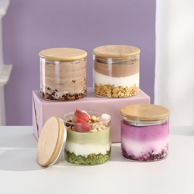 4 Pack Overnight Oats Containers with Bamboo Lids,10 Oz Glass Jars with Airtight Lids for Oats, Cereal, Yogurt, Chia Seed Pudding.Salad Jars Meal Prep