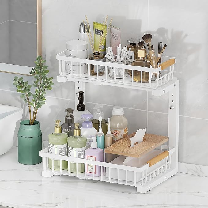 2-Tier Slide Out Under Sink Organizer – 2-Tier Pull-Out Storage Rack, Bathroom organizers and storage for Kitchen and Bathroom, Space-Saving Cabinet Organizer, Rustproof,（White)(2 Pack)-NeatNest