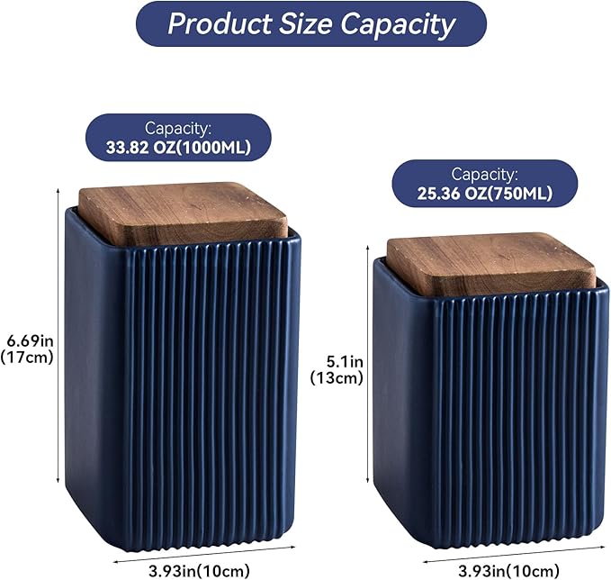 Ceramic Storage Jars Modern Elegant Highly Polished Airtight Storage Canisters with Lid Whiteware Food Stroage Jar for Kitchen Spice Tea Vanilla Sugar Coffee Beans (Blue-1000ML)-NeatNest