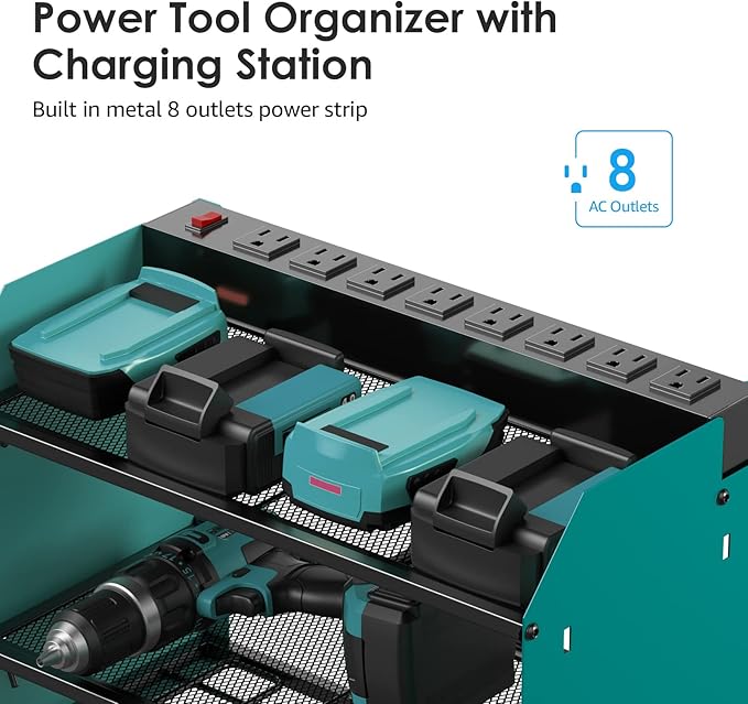 CCCEI Set Power Tool Organizer Wall Mount with Charging Station. Garage 4 Drill Storage Shelf with Hooks, Heavy Duty Metal Tool Battery Charger Organizer. Shop Utility Rack with Power Strip Navy Blue.-NeatNest