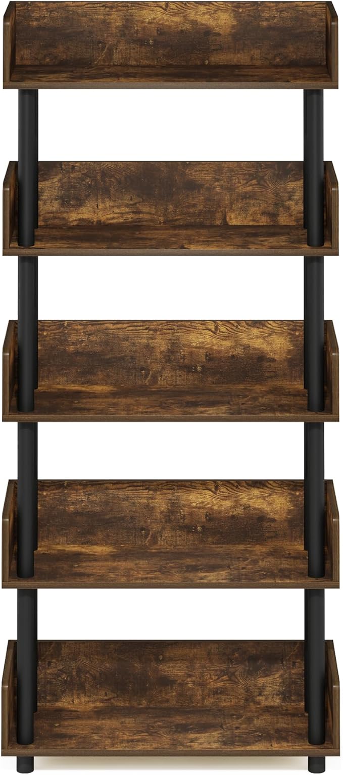 Furinno Turn-N-Tube 5-Tier Multipurposes Display Rack, Open Shelf Rack/Storage with Back & Side Panel, Amber Pine/Black-NeatNest