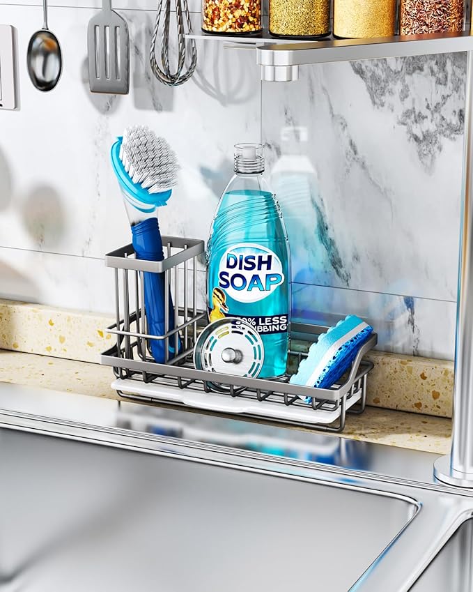 Consumest Sponge Holder for Kitchen Sink, Sink Caddy Organizer with Removable Drip Tray, Countertop Dish Soap Holder and Brush Holder, 304 Stainless Steel - Sand Nickel-NeatNest
