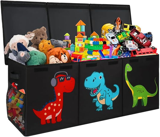 Extra Large Toy Box, Collapsible Sturdy Storage Organizer with Lids, Dinosaur Toybox for Boys Girls, 40"x16"x16" Kids Toy Chest Bin Baskets for Living Room, Playroom, Bedroom, Nursery, Black