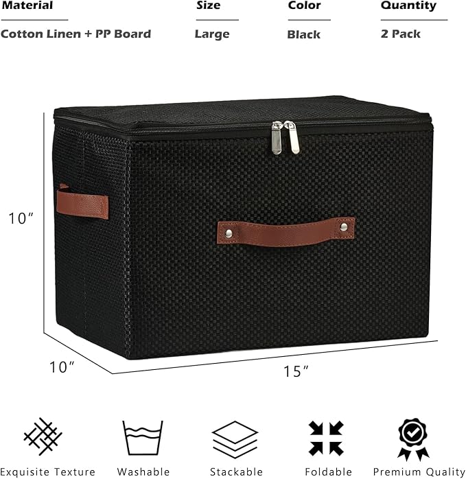 2PCS Storage Bins with Lid Fabric Storage Box Basket PU Leather Handle Textured Woven Cotton Linen Decorative Foldable Washable Shelf Closet Organizer Container (Zipper Lid, Black, Large)-NeatNest