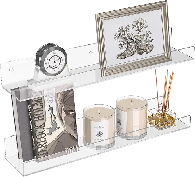 18'' Clear Acrylic Bookshelf 2 Pack, Acrylic Floating Book Shelves, Wall Mounting Invisible Ledge Book Shelf-NeatNest