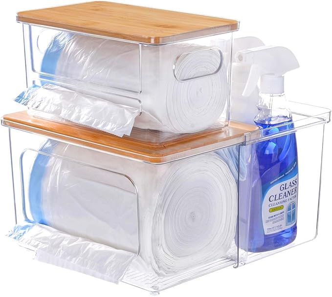 Trash Bag Dispenser Holder - 3 in 1 Acrylic Plastic Garbage Bag Pantry Organizer, Clear Large Laundry Pods Container with Lid, Stackable Under Sink Kitchen Laundry Room Organization and Storage-NeatNest