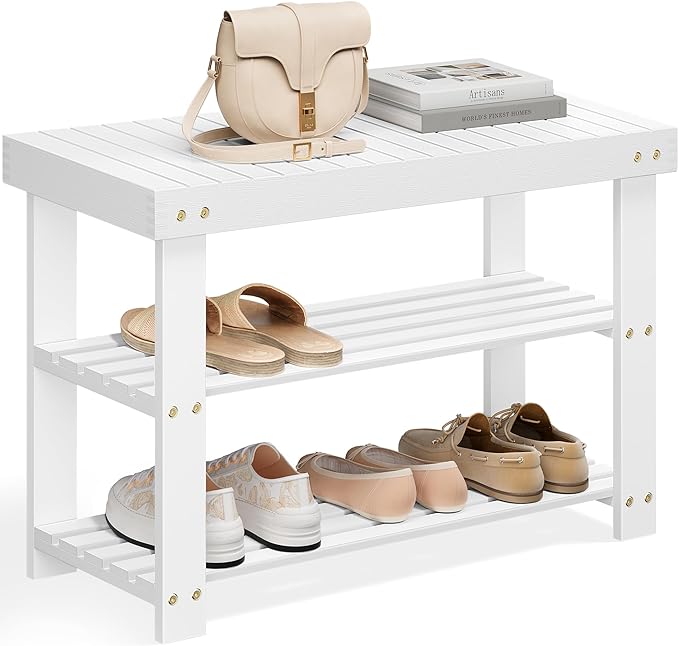 SONGMICS Shoe Rack Bench, 3-Tier Bamboo Shoe Storage Organizer, Entryway Bench, Holds Up to 286 lb, 11.3 x 27.6 x 17.8 Inches, for Entryway Bathroom Bedroom, Cloud White ULBS004W01-NeatNest