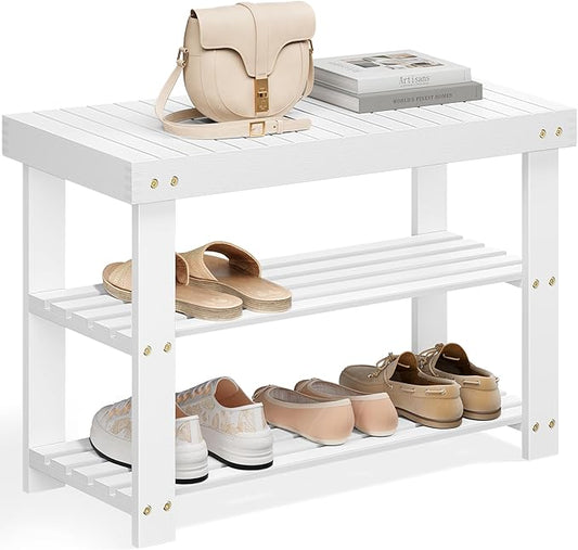 SONGMICS Shoe Rack Bench, 3-Tier Bamboo Shoe Storage Organizer, Entryway Bench, Holds Up to 286 lb, 11.3 x 27.6 x 17.8 Inches, for Entryway Bathroom Bedroom, Cloud White ULBS004W01-NeatNest