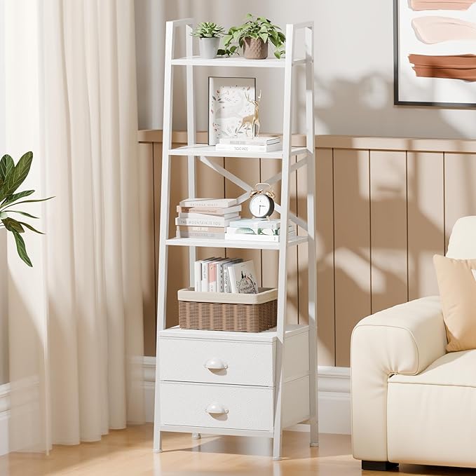 Furologee 4-Tier Ladder Shelf,Small Bookshelf with 2 Drawers,Vertical Bookcase Storage Rack Organizer,Rustic Bookshelves for Living Room,Bedroom,Bathroom,Home Office,Kitchen,White