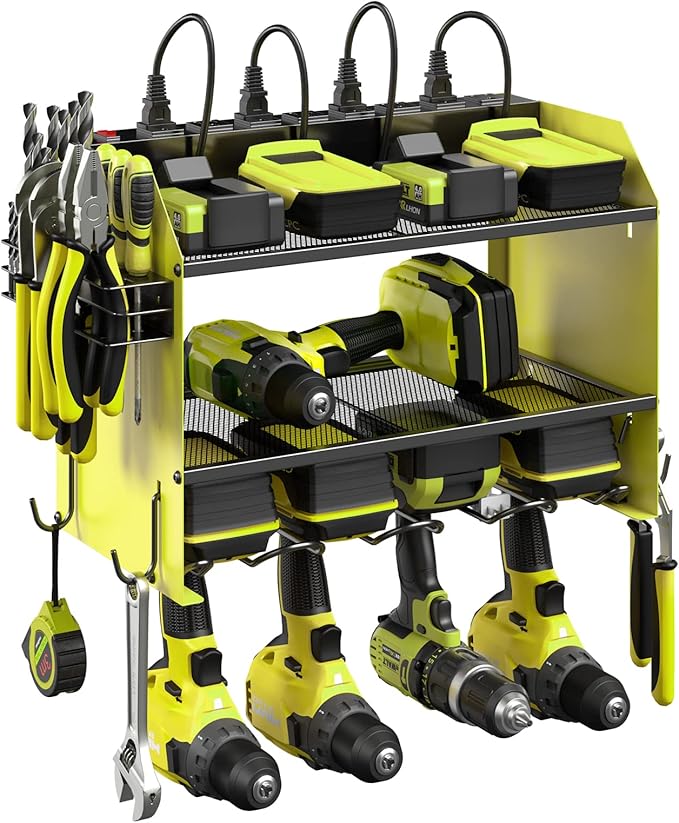 CCCEI Set Power Tool Organizer Wall Mount with Charging Station. Garage 4 Drill Storage Shelf with Hooks, Heavy Duty Metal Tool Battery Charger Organizer. Shop Utility Rack with Power Strip Green.-NeatNest