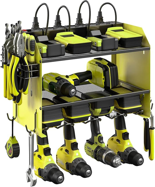 CCCEI Set Power Tool Organizer Wall Mount with Charging Station. Garage 4 Drill Storage Shelf with Hooks, Heavy Duty Metal Tool Battery Charger Organizer. Shop Utility Rack with Power Strip Green.-NeatNest