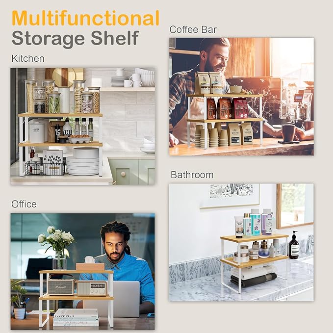 Cabinet Shelf Organizers, 15.7 inches Large Kitchen Counter Shelf, Set of 2 Wood Kitchen Pantry Organizer, Storage Shelves for Countertop, Spice Rack, Stackable, Expandable, Metal White, Nature-NeatNest