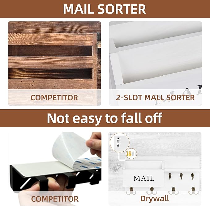 Key Holder for Wall, Heylor Mail and Key Hanger Wall Mount with Double Key Hook and Wall Coat Rack Shelf Decor,Key Organizer Suitable for Entryway, Hallway, Dog Leashes,Kitchen and Living Room (White)