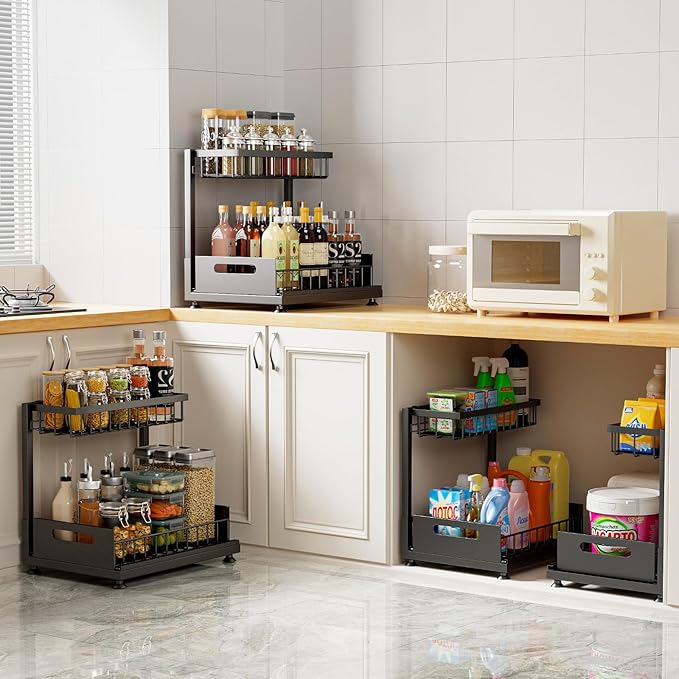 2 Pack Under Sink Organizer Storage 2-Tier Premium Metal Pull-Out Racks, Height Adjustable, Easy Installation | Kitchen & Bathroom Organizers-NeatNest