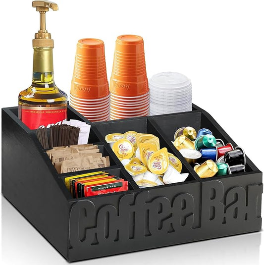 Coffee Bar Organizer for Accessories, Wood Station for Countertop, Farmhouse Pod Syrup Holder, Condiment Organizer for Decor (Black)-NeatNest