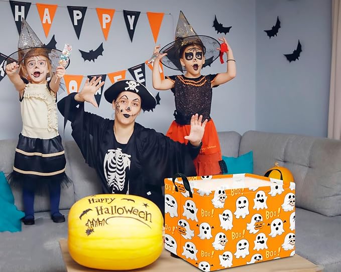CLOCOR Rectangular Storage Basket Empty, Gift Basket for Halloween, Waterproof Storage Bin with Handles, Room Decor(Boo Ghosts)-NeatNest