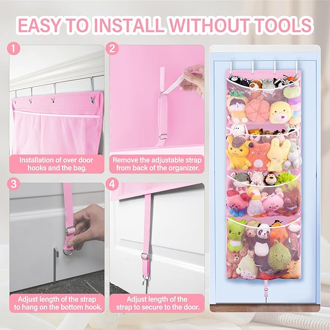 Hanging Stuffed Animal Storage, Over Door Large Plush Toy Organizer with Metal Hook, Baby Accessory Holder Idea for Nursery, Doll & Bear Mesh Hammock Bag for Girl Boy Kid Room-NeatNest