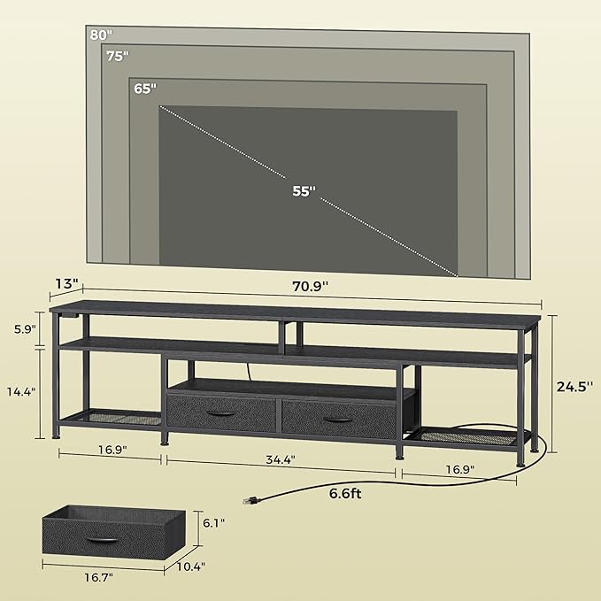 Huuger TV Stand for 75 80 Inch TV, Entertainment Center with Power Outlets and LED Lights, 70.9 Inch TV Console for Living Room, Media Console with Drawers and Shelves, Black-NeatNest