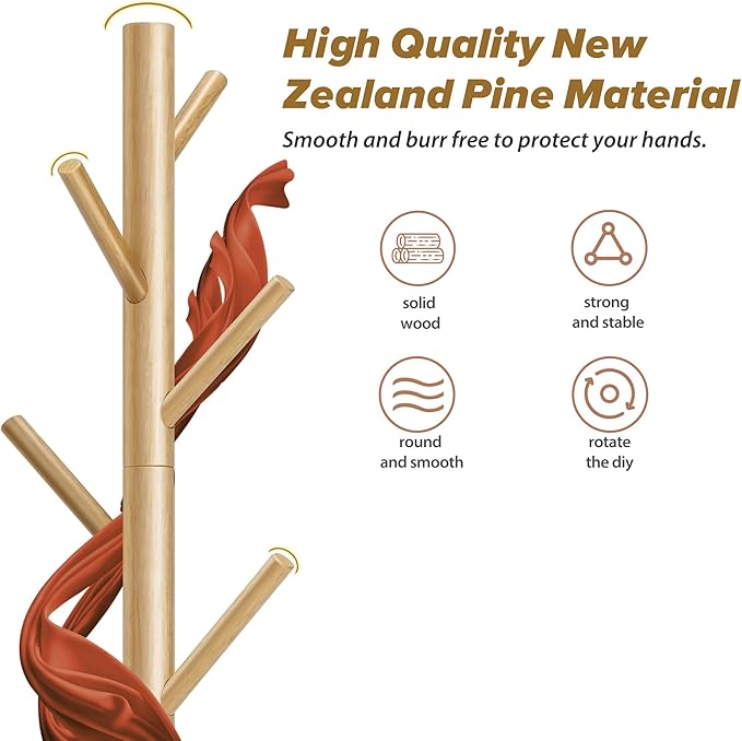 Wooden Coat Rack, Free Standing Coat Rack with 8 Hooks 3 Adjustable Heights for Clothes, Hats, Handbags, Coat Tree Easy Assembly for Entryway, Bedroom, Hallway, Office (New Nature)-NeatNest