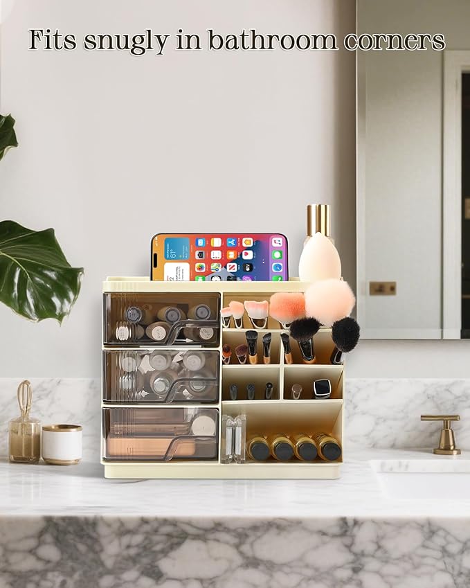 Makeup Organizer with Drawers&Phone Holder,Multi-Function Cosmetic Storage Organizer,Stackable Makeup Organizer Countertop for Makeup Brushes,Lipstick,Skincare and Bathroom Vanity Organization (Beige)-NeatNest