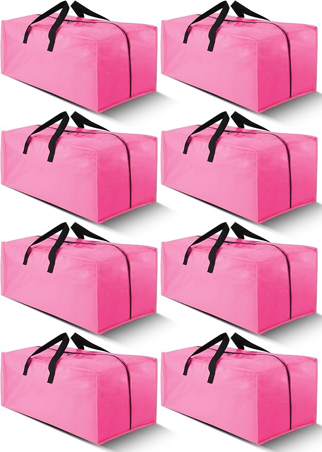 Cosy Family 8 Pack Heavy Duty Extra Large Moving Bags with Backpack Straps - Strong Handles & Zippers, Storage Totes For Space Saving, Fold Flat, Alternative to Moving Box (40 gal, Pink)-NeatNest