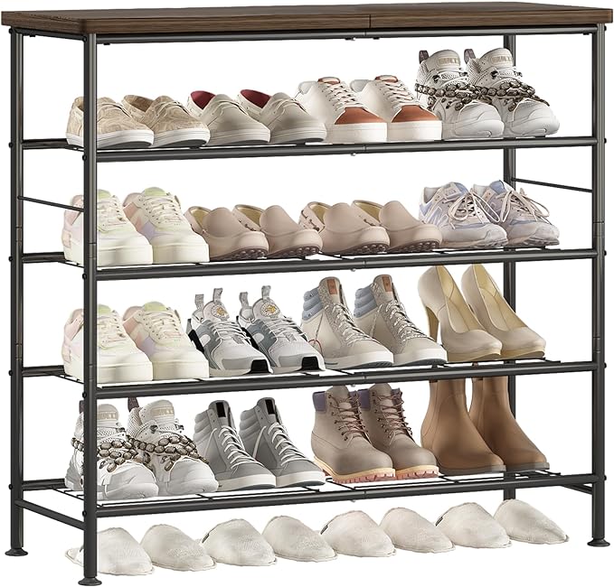 Shoe Rack Organizer 5 Tier for Closet Entryway Free Standing Metal Storage Shoe Shelf with MDF Top Board，Black+Rustic Brown-NeatNest