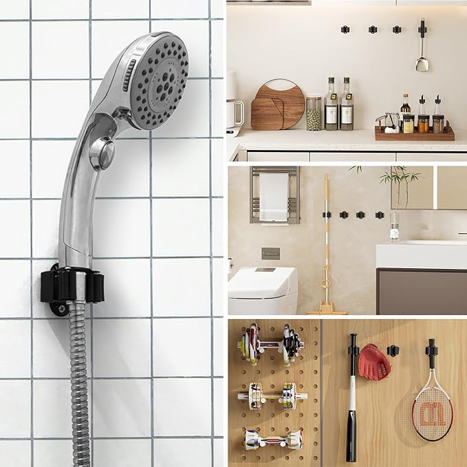 Adhesive Broom Holder Wall Mount - 9 Pack Mop Hanger Cleaning Tools Handle Grippers Organizers - Heavy Duty Metal Broom Clip Hooks for Laundry Room Utility Closet Garage Garden Bathroom (Black)