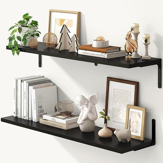 Fun Memories Deep Floating Shelves, 36W x 8D Floating Shelves Set of 2, Wall Mounted Shelf with Metal Brackets, Rustic Wood Wall Shelf for Bathroom, Kitchen and Living Room, Black-NeatNest
